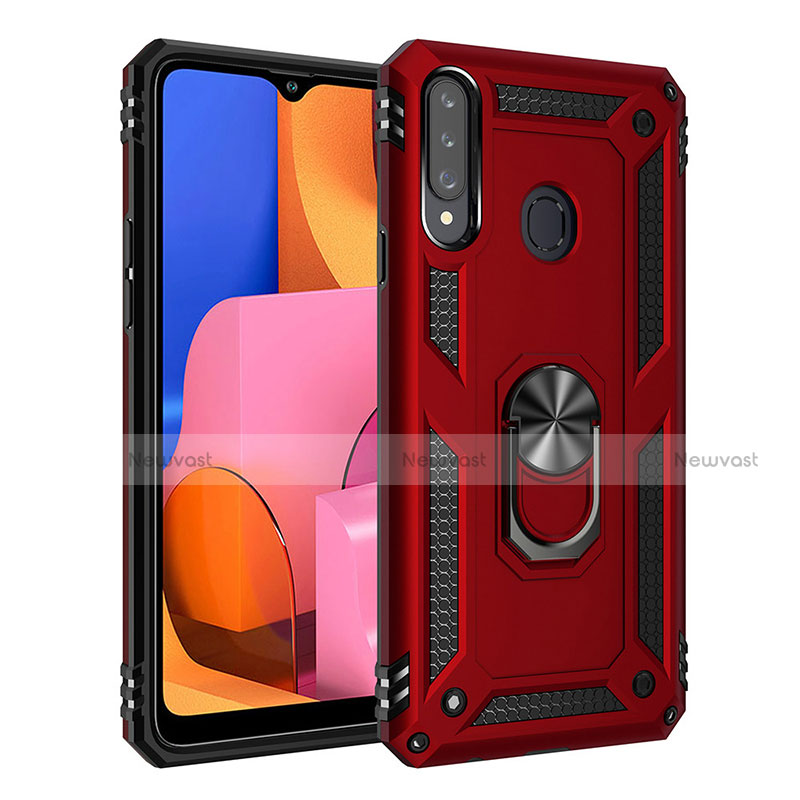 Silicone Matte Finish and Plastic Back Cover Case with Magnetic Finger Ring Stand S01 for Samsung Galaxy A20s Red