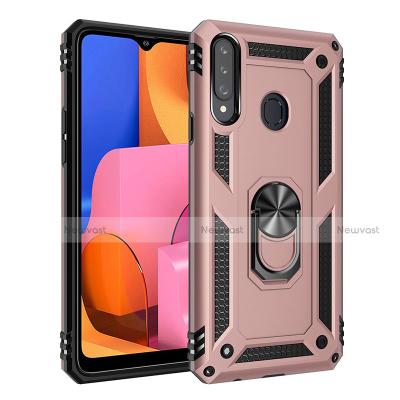 Silicone Matte Finish and Plastic Back Cover Case with Magnetic Finger Ring Stand S01 for Samsung Galaxy A20s Rose Gold