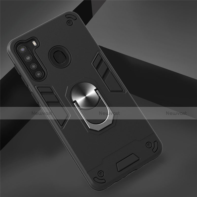 Silicone Matte Finish and Plastic Back Cover Case with Magnetic Finger Ring Stand S01 for Samsung Galaxy A21 Black