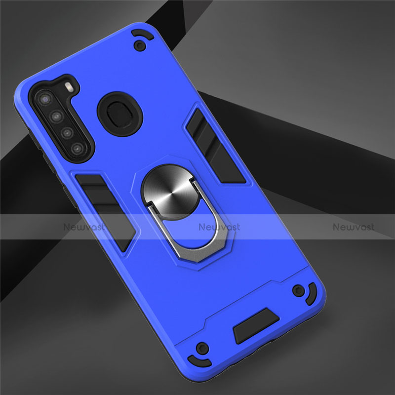 Silicone Matte Finish and Plastic Back Cover Case with Magnetic Finger Ring Stand S01 for Samsung Galaxy A21 Blue