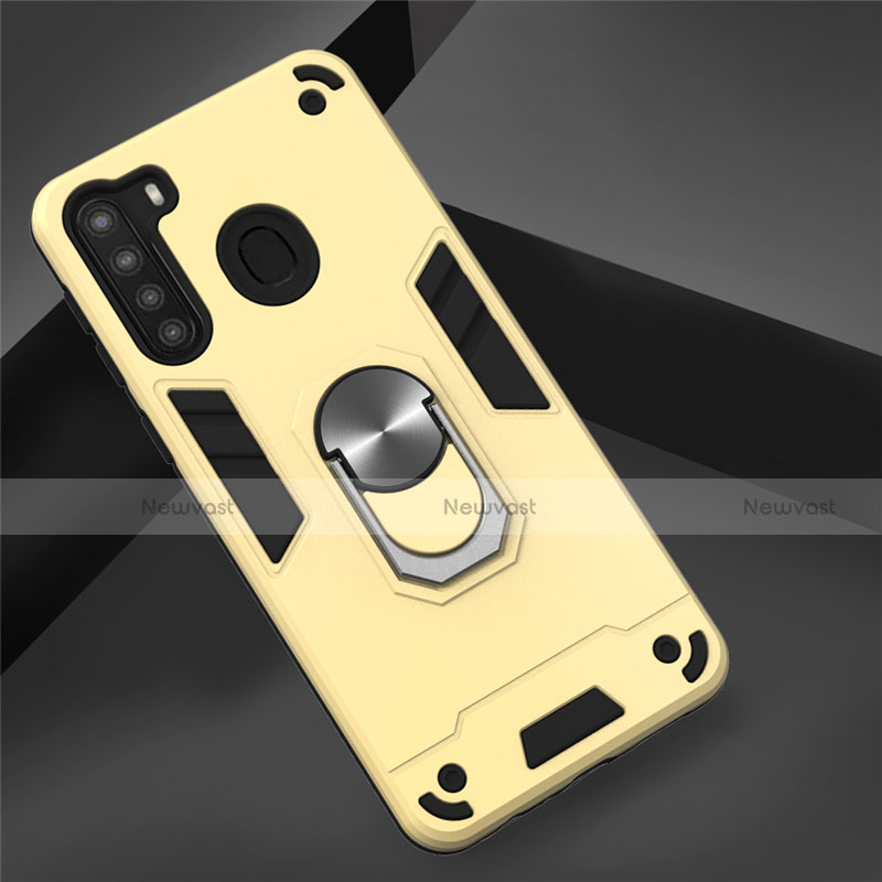 Silicone Matte Finish and Plastic Back Cover Case with Magnetic Finger Ring Stand S01 for Samsung Galaxy A21 Gold