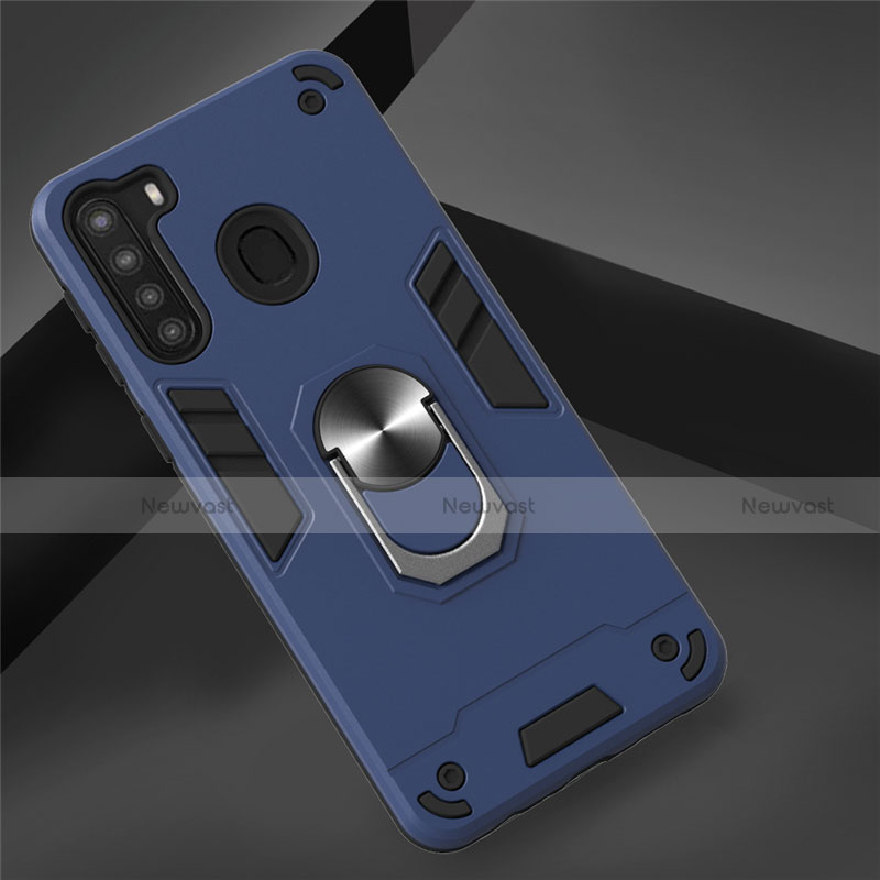 Silicone Matte Finish and Plastic Back Cover Case with Magnetic Finger Ring Stand S01 for Samsung Galaxy A21 Navy Blue