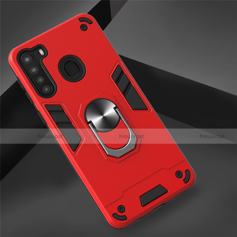 Silicone Matte Finish and Plastic Back Cover Case with Magnetic Finger Ring Stand S01 for Samsung Galaxy A21 Red