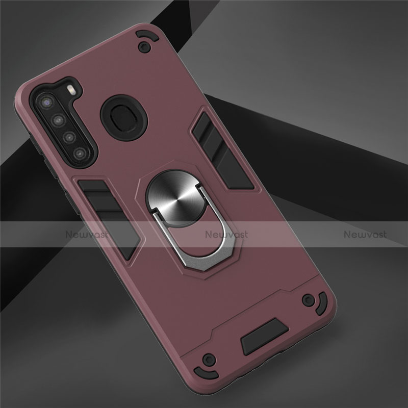 Silicone Matte Finish and Plastic Back Cover Case with Magnetic Finger Ring Stand S01 for Samsung Galaxy A21 Red Wine