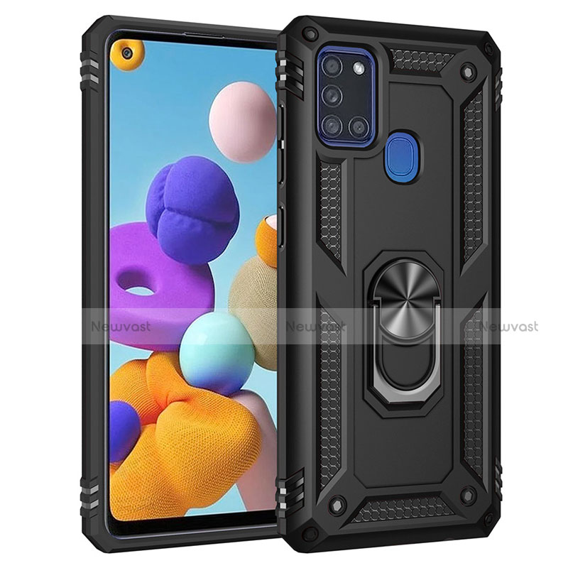 Silicone Matte Finish and Plastic Back Cover Case with Magnetic Finger Ring Stand S01 for Samsung Galaxy A21s Black