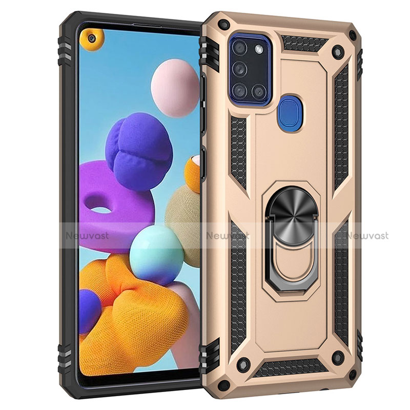 Silicone Matte Finish and Plastic Back Cover Case with Magnetic Finger Ring Stand S01 for Samsung Galaxy A21s Gold