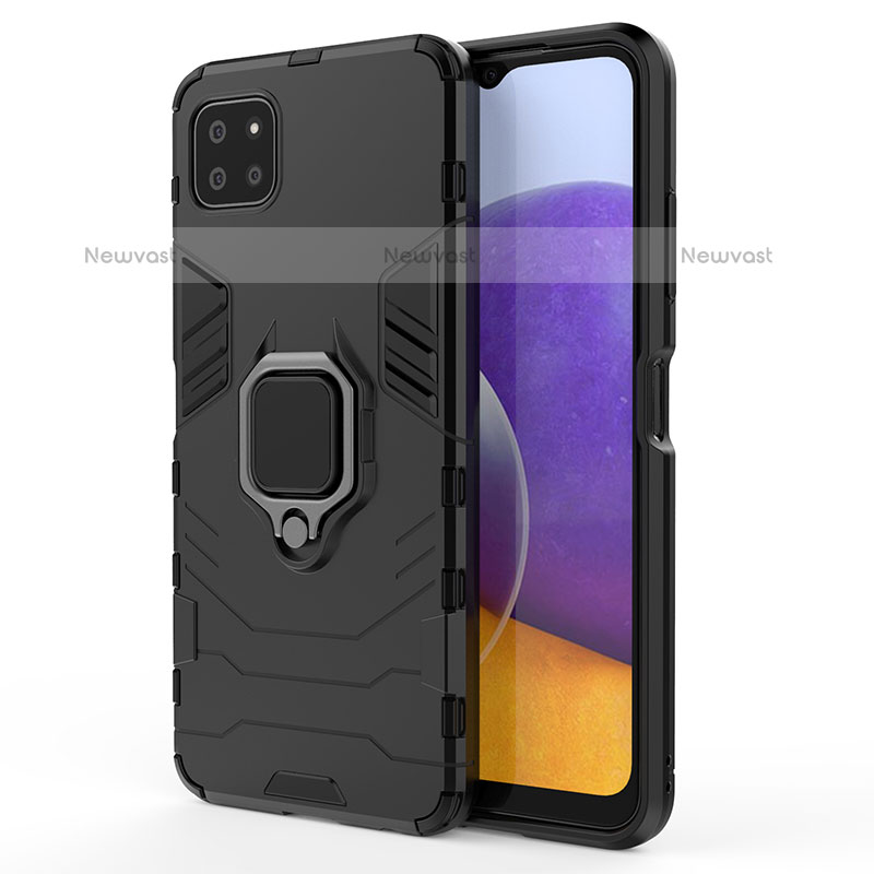 Silicone Matte Finish and Plastic Back Cover Case with Magnetic Finger Ring Stand S01 for Samsung Galaxy A22 5G Black