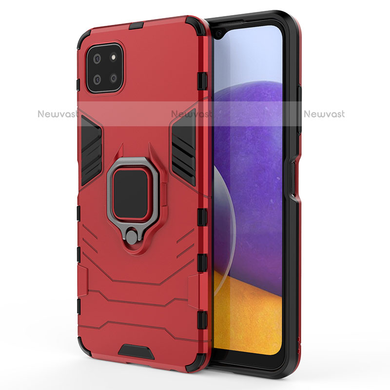 Silicone Matte Finish and Plastic Back Cover Case with Magnetic Finger Ring Stand S01 for Samsung Galaxy A22 5G Red