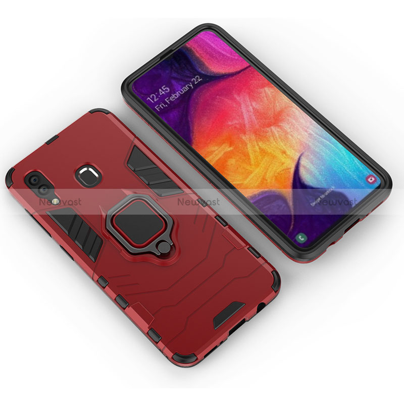 Silicone Matte Finish and Plastic Back Cover Case with Magnetic Finger Ring Stand S01 for Samsung Galaxy A30 Red