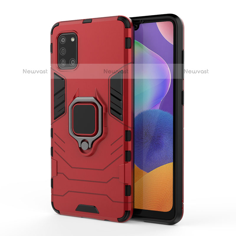 Silicone Matte Finish and Plastic Back Cover Case with Magnetic Finger Ring Stand S01 for Samsung Galaxy A31 Red