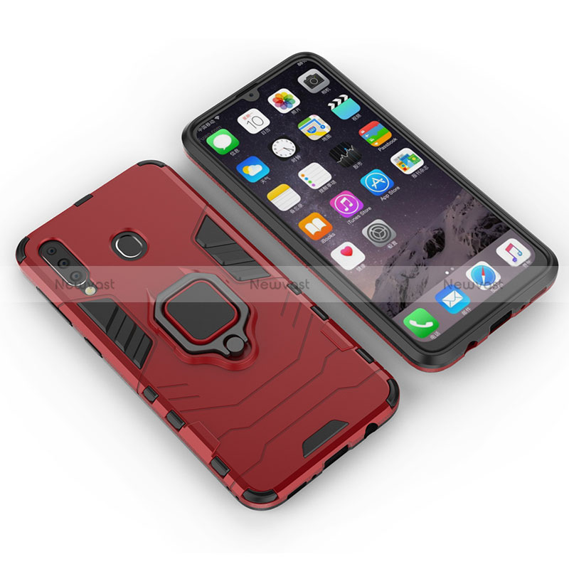 Silicone Matte Finish and Plastic Back Cover Case with Magnetic Finger Ring Stand S01 for Samsung Galaxy A40s Red