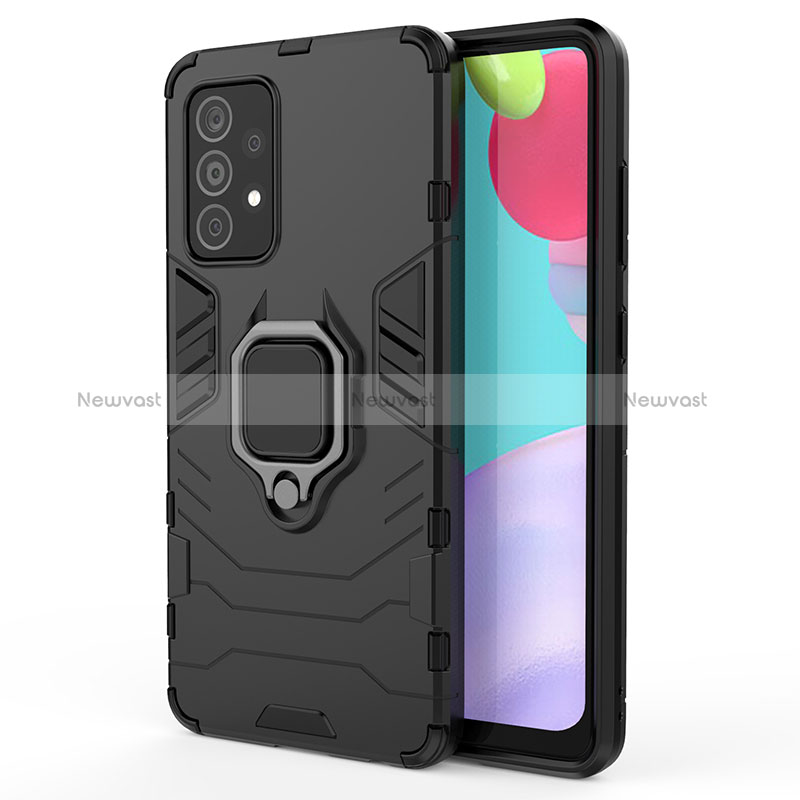 Silicone Matte Finish and Plastic Back Cover Case with Magnetic Finger Ring Stand S01 for Samsung Galaxy A52s 5G Black