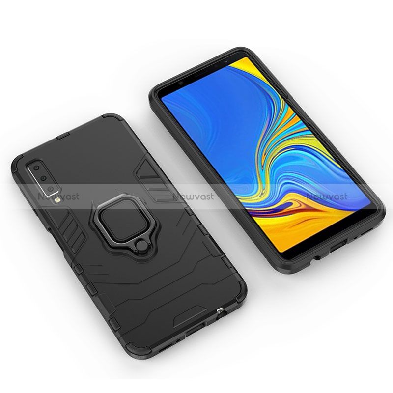 Silicone Matte Finish and Plastic Back Cover Case with Magnetic Finger Ring Stand S01 for Samsung Galaxy A7 (2018) A750