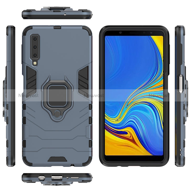 Silicone Matte Finish and Plastic Back Cover Case with Magnetic Finger Ring Stand S01 for Samsung Galaxy A7 (2018) A750