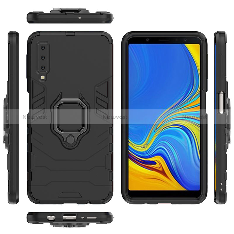 Silicone Matte Finish and Plastic Back Cover Case with Magnetic Finger Ring Stand S01 for Samsung Galaxy A7 (2018) A750