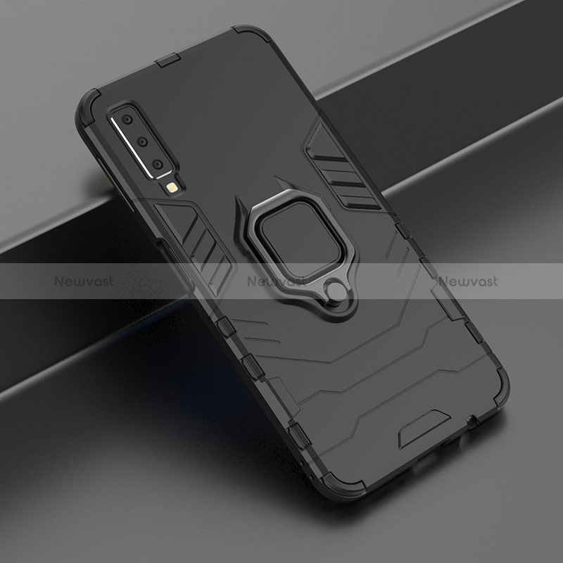 Silicone Matte Finish and Plastic Back Cover Case with Magnetic Finger Ring Stand S01 for Samsung Galaxy A7 (2018) A750