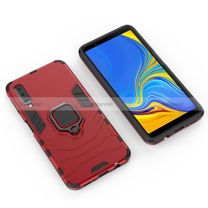 Silicone Matte Finish and Plastic Back Cover Case with Magnetic Finger Ring Stand S01 for Samsung Galaxy A7 (2018) A750 Red