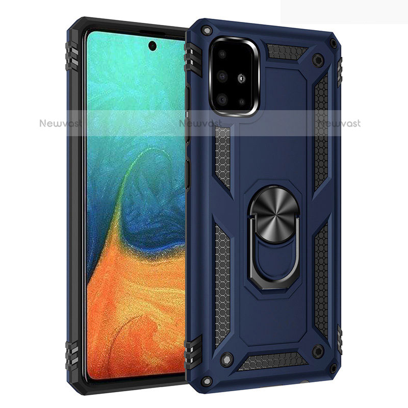 Silicone Matte Finish and Plastic Back Cover Case with Magnetic Finger Ring Stand S01 for Samsung Galaxy A71 4G A715 Blue