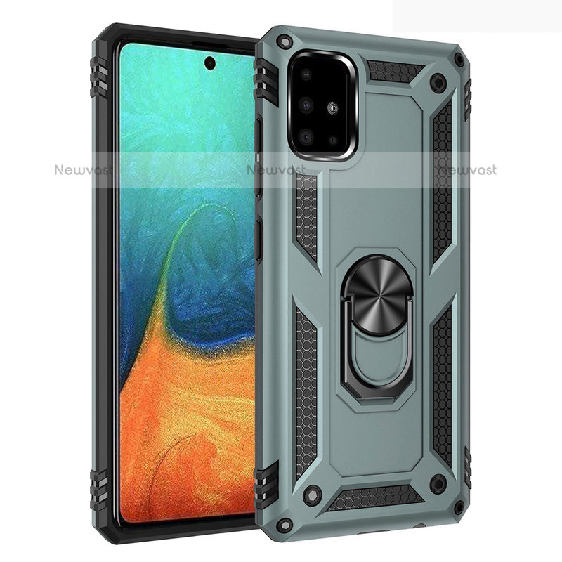 Silicone Matte Finish and Plastic Back Cover Case with Magnetic Finger Ring Stand S01 for Samsung Galaxy A71 4G A715 Green