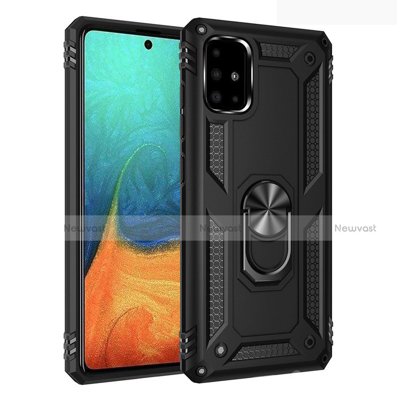 Silicone Matte Finish and Plastic Back Cover Case with Magnetic Finger Ring Stand S01 for Samsung Galaxy A71 5G Black