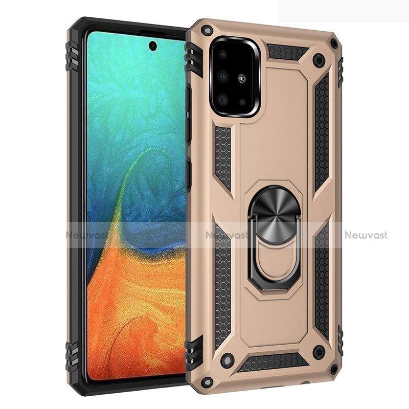 Silicone Matte Finish and Plastic Back Cover Case with Magnetic Finger Ring Stand S01 for Samsung Galaxy A71 5G Gold