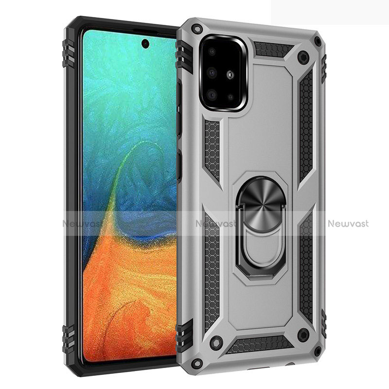 Silicone Matte Finish and Plastic Back Cover Case with Magnetic Finger Ring Stand S01 for Samsung Galaxy A71 5G Silver