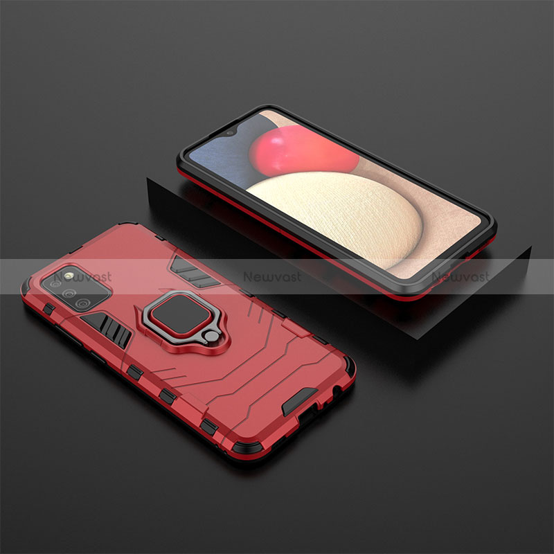 Silicone Matte Finish and Plastic Back Cover Case with Magnetic Finger Ring Stand S01 for Samsung Galaxy F02S SM-E025F Red