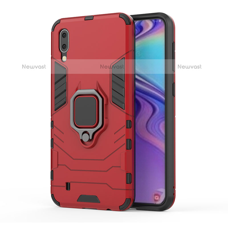 Silicone Matte Finish and Plastic Back Cover Case with Magnetic Finger Ring Stand S01 for Samsung Galaxy M10 Red