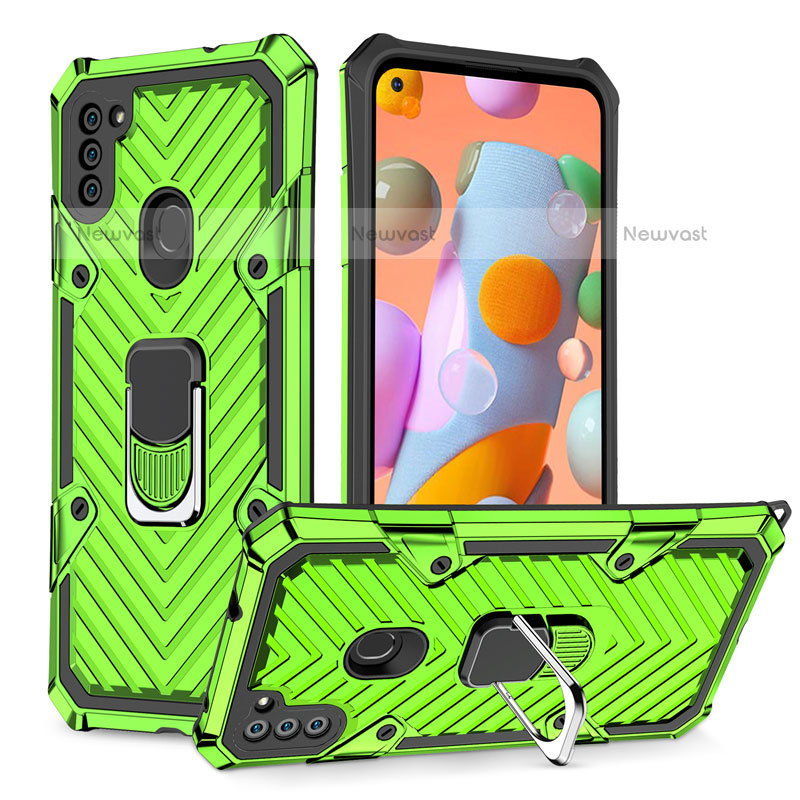 Silicone Matte Finish and Plastic Back Cover Case with Magnetic Finger Ring Stand S01 for Samsung Galaxy M11