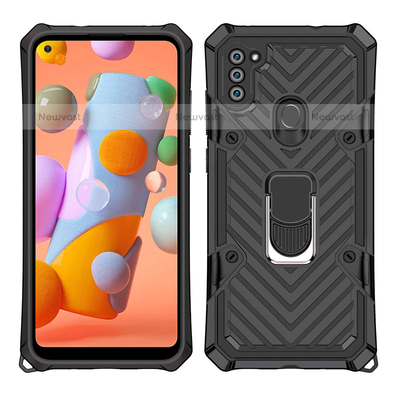 Silicone Matte Finish and Plastic Back Cover Case with Magnetic Finger Ring Stand S01 for Samsung Galaxy M11 Black
