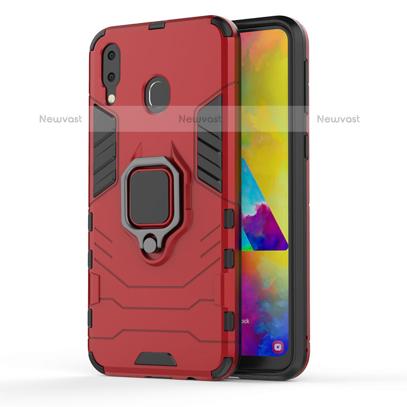 Silicone Matte Finish and Plastic Back Cover Case with Magnetic Finger Ring Stand S01 for Samsung Galaxy M20 Red