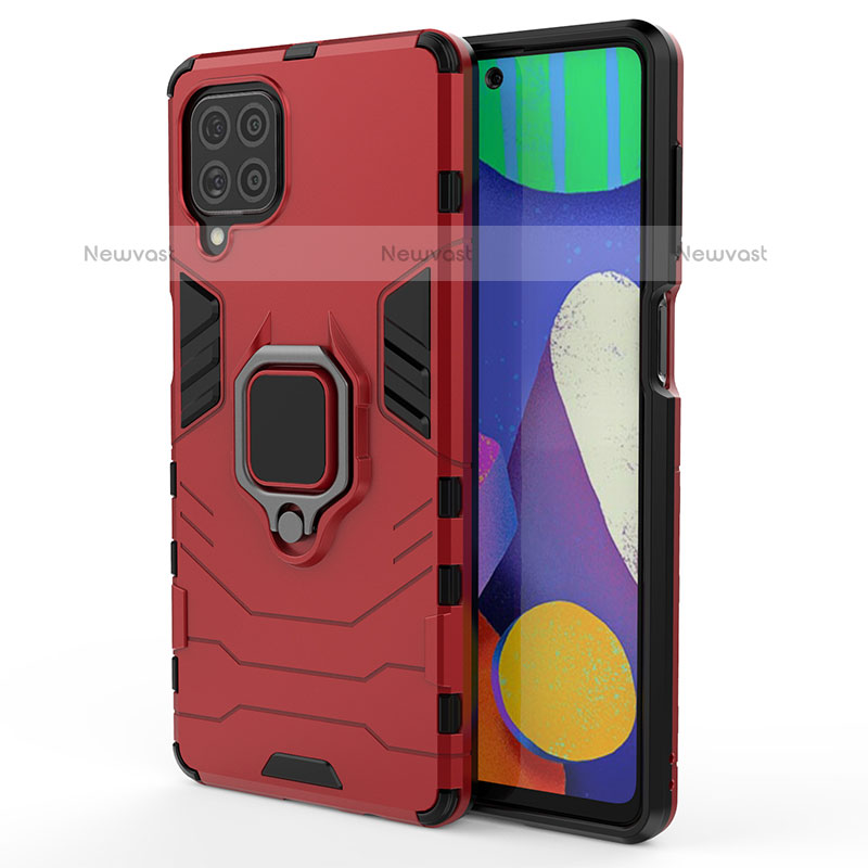 Silicone Matte Finish and Plastic Back Cover Case with Magnetic Finger Ring Stand S01 for Samsung Galaxy M62 4G Red