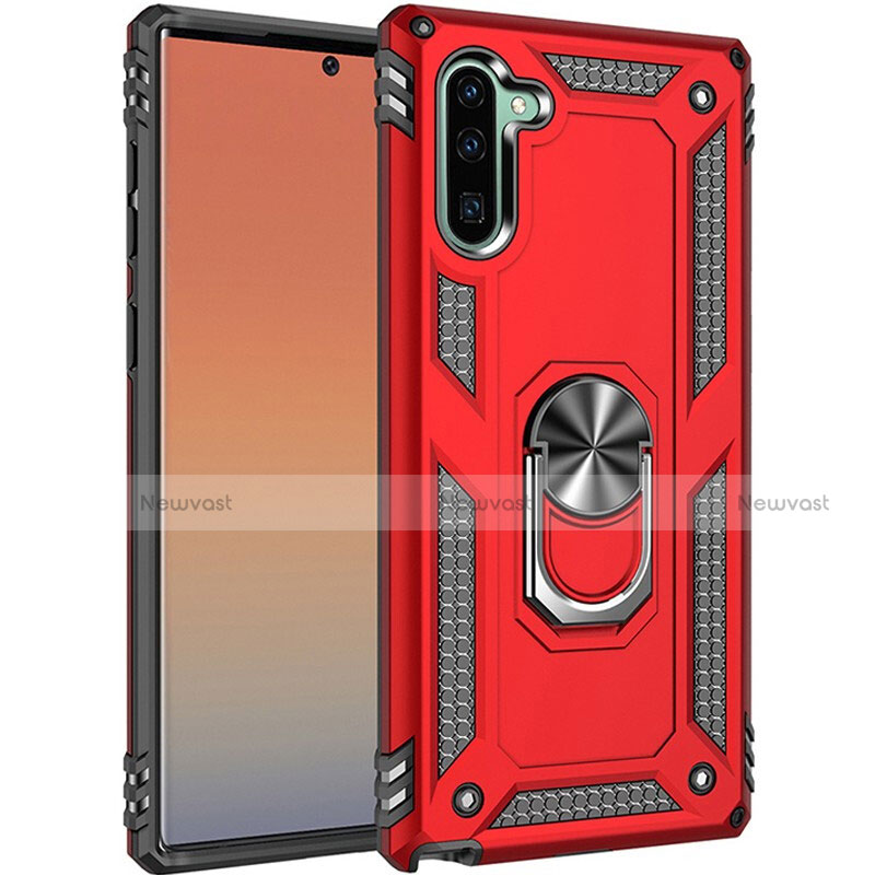 Silicone Matte Finish and Plastic Back Cover Case with Magnetic Finger Ring Stand S01 for Samsung Galaxy Note 10 Red