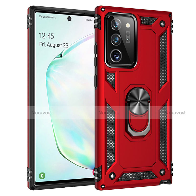 Silicone Matte Finish and Plastic Back Cover Case with Magnetic Finger Ring Stand S01 for Samsung Galaxy Note 20 Ultra 5G Red