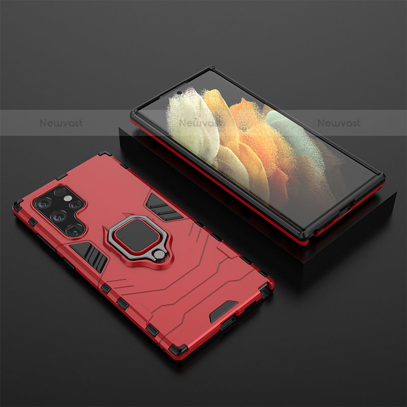 Silicone Matte Finish and Plastic Back Cover Case with Magnetic Finger Ring Stand S01 for Samsung Galaxy S21 Ultra 5G Red