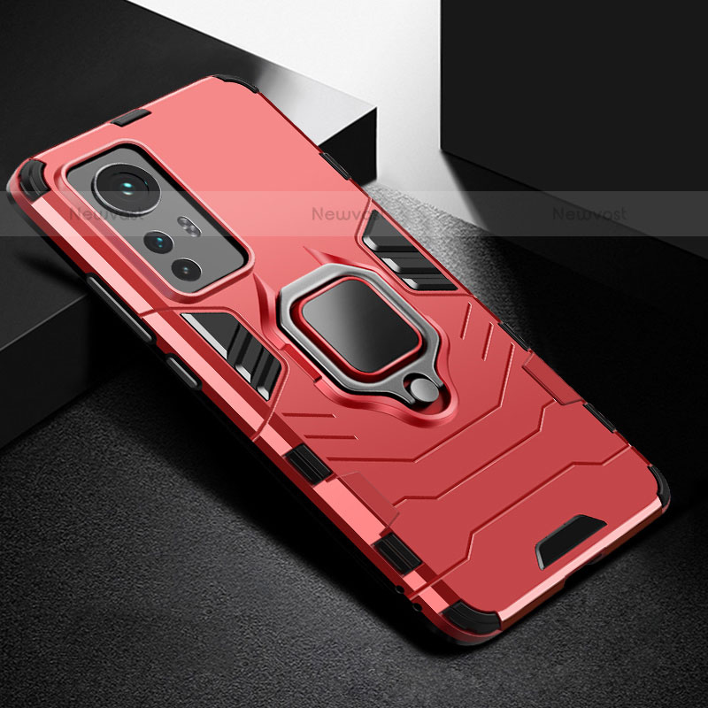 Silicone Matte Finish and Plastic Back Cover Case with Magnetic Finger Ring Stand S01 for Xiaomi Mi 12 Lite 5G Red