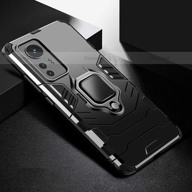 Silicone Matte Finish and Plastic Back Cover Case with Magnetic Finger Ring Stand S01 for Xiaomi Mi 12S 5G Black