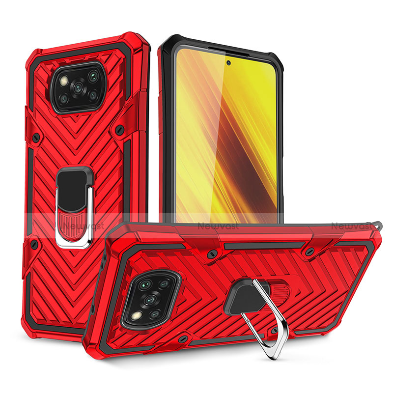 Silicone Matte Finish and Plastic Back Cover Case with Magnetic Finger Ring Stand S01 for Xiaomi Poco X3 Red