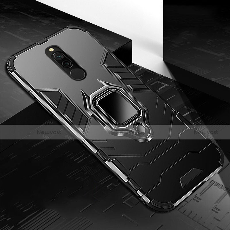 Silicone Matte Finish and Plastic Back Cover Case with Magnetic Finger Ring Stand S01 for Xiaomi Redmi 8 Black