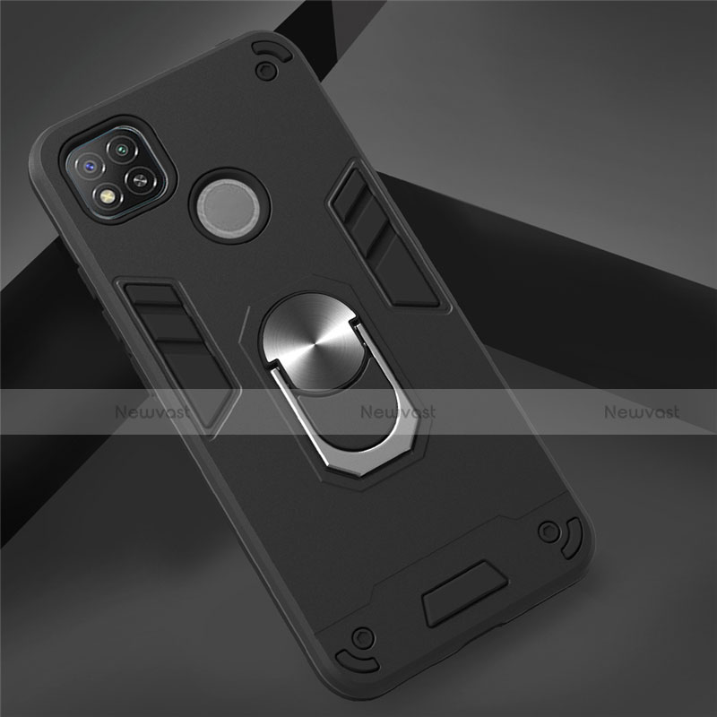 Silicone Matte Finish and Plastic Back Cover Case with Magnetic Finger Ring Stand S01 for Xiaomi Redmi 9 India Black