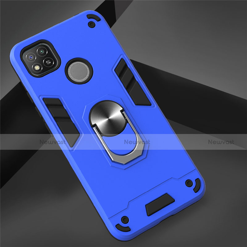 Silicone Matte Finish and Plastic Back Cover Case with Magnetic Finger Ring Stand S01 for Xiaomi Redmi 9 India Blue