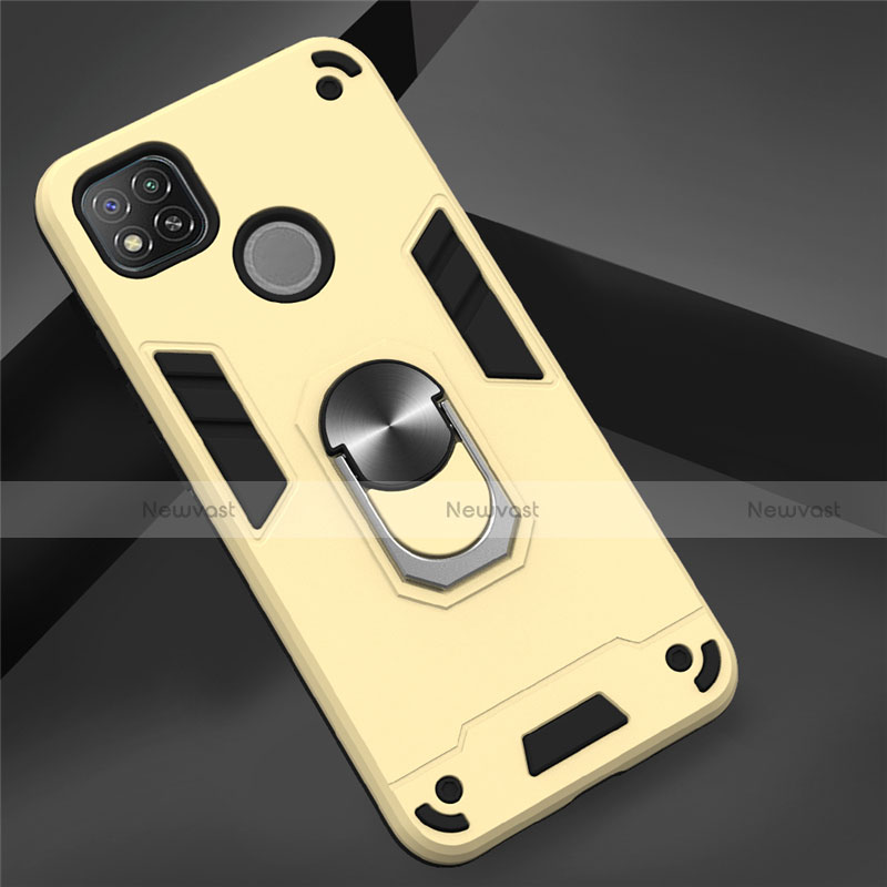 Silicone Matte Finish and Plastic Back Cover Case with Magnetic Finger Ring Stand S01 for Xiaomi Redmi 9 India Gold