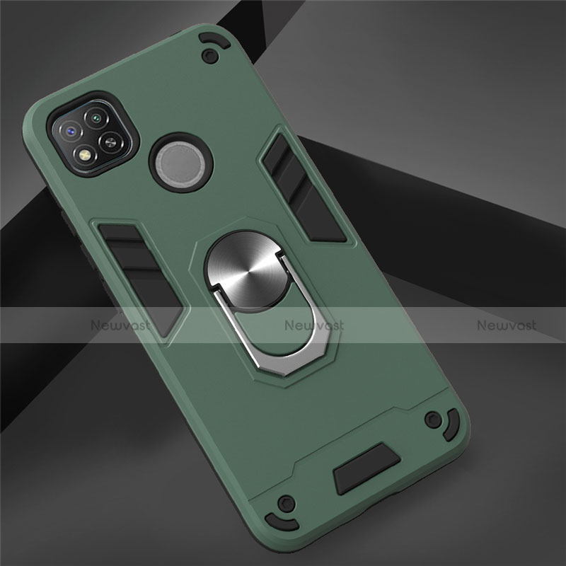 Silicone Matte Finish and Plastic Back Cover Case with Magnetic Finger Ring Stand S01 for Xiaomi Redmi 9 India Midnight Green