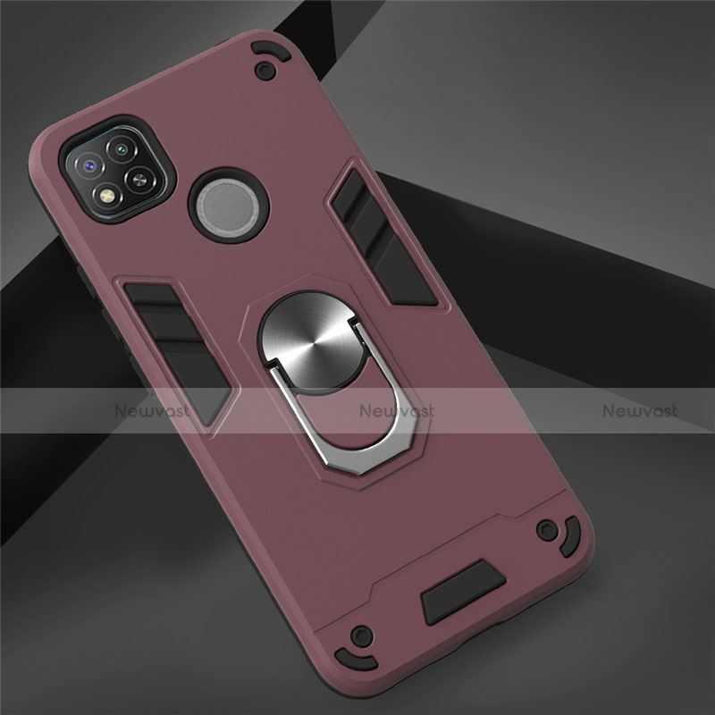 Silicone Matte Finish and Plastic Back Cover Case with Magnetic Finger Ring Stand S01 for Xiaomi Redmi 9 India Red Wine