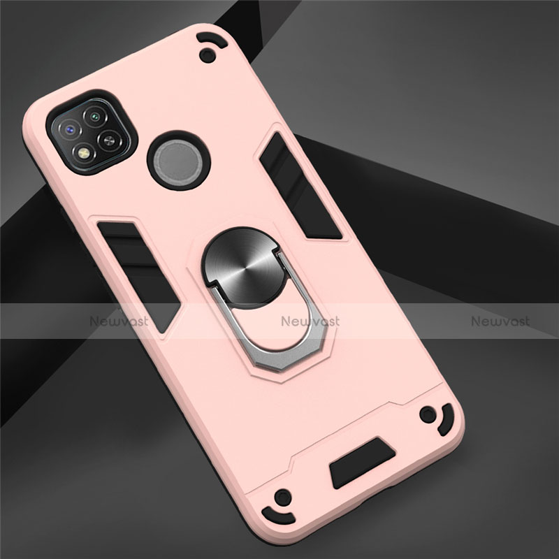 Silicone Matte Finish and Plastic Back Cover Case with Magnetic Finger Ring Stand S01 for Xiaomi Redmi 9 India Rose Gold