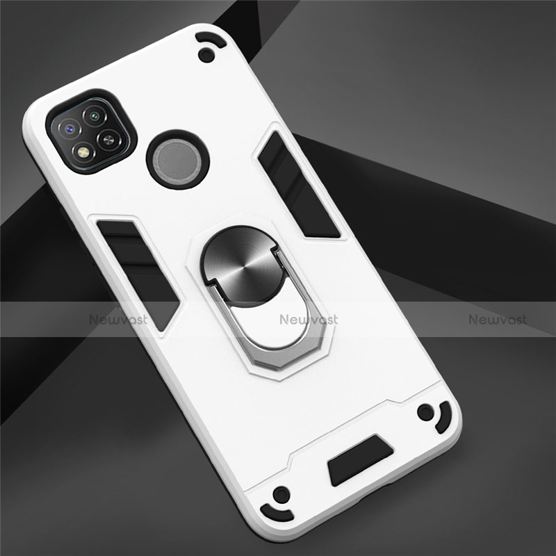 Silicone Matte Finish and Plastic Back Cover Case with Magnetic Finger Ring Stand S01 for Xiaomi Redmi 9 India White