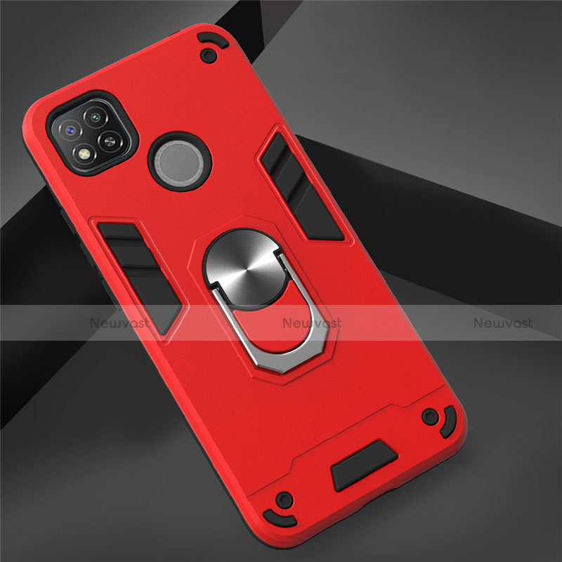 Silicone Matte Finish and Plastic Back Cover Case with Magnetic Finger Ring Stand S01 for Xiaomi Redmi 9C NFC Red