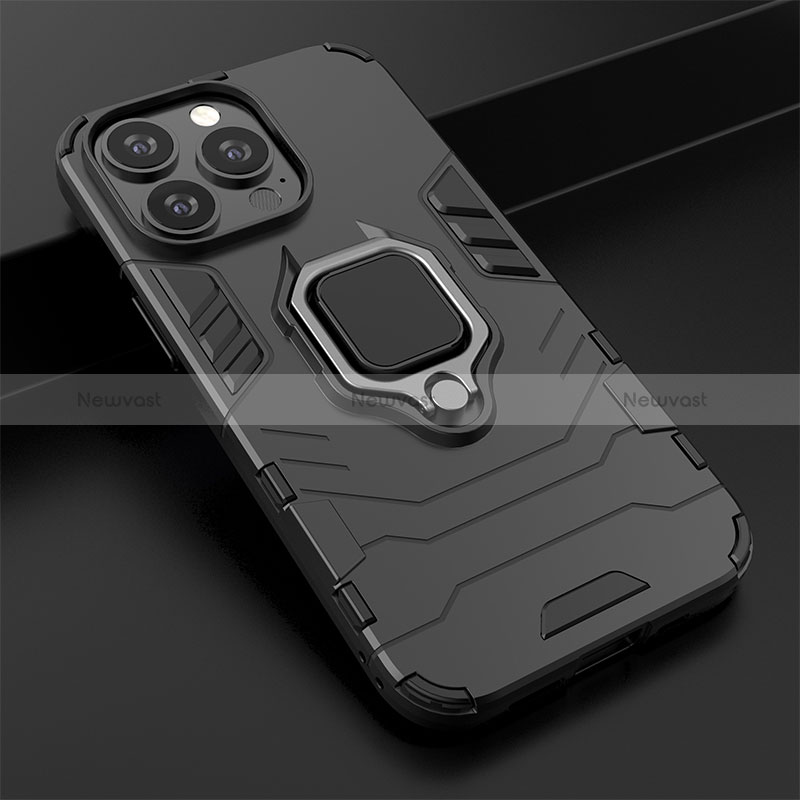 Silicone Matte Finish and Plastic Back Cover Case with Magnetic Finger Ring Stand S02 for Apple iPhone 14 Pro