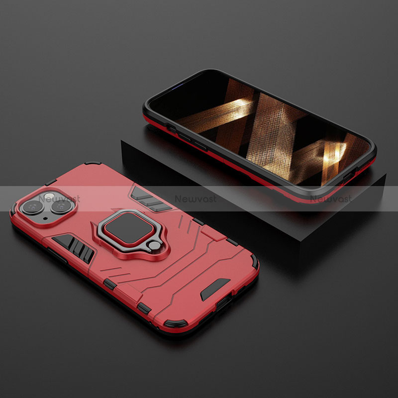 Silicone Matte Finish and Plastic Back Cover Case with Magnetic Finger Ring Stand S02 for Apple iPhone 15 Red