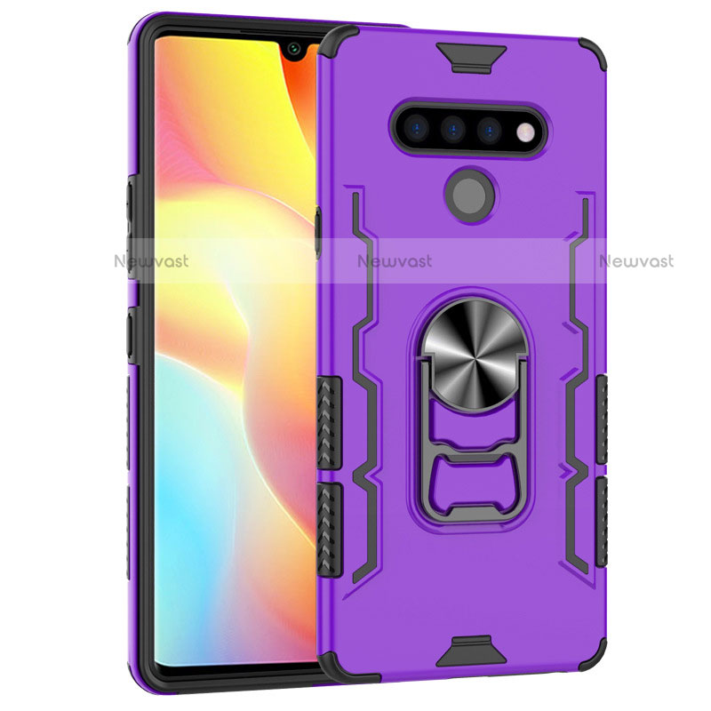 Silicone Matte Finish and Plastic Back Cover Case with Magnetic Finger Ring Stand S02 for LG Stylo 6 Purple